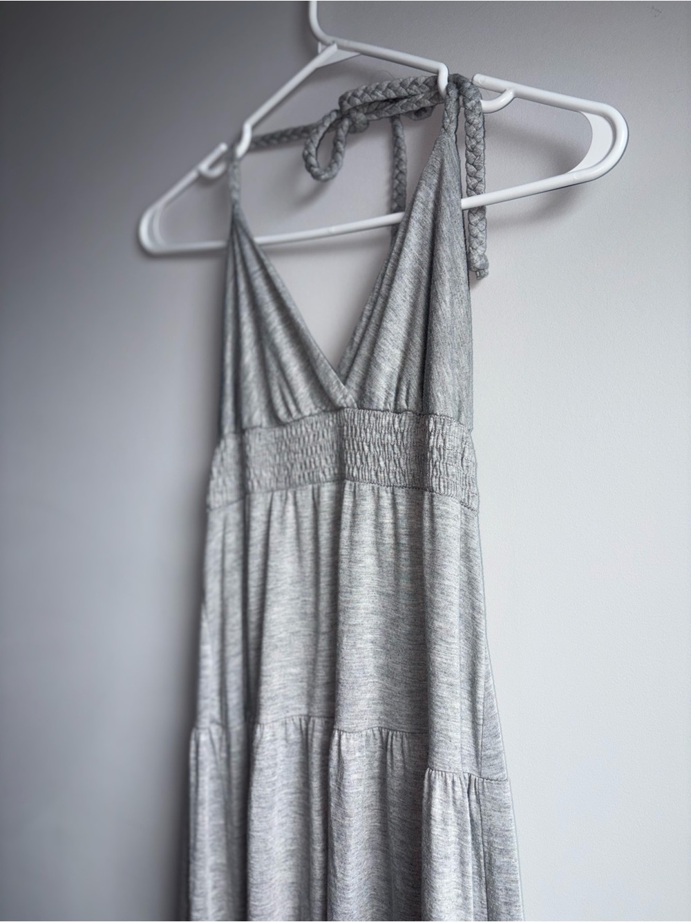 Braided-Halter Smocked-Waist Gray dress